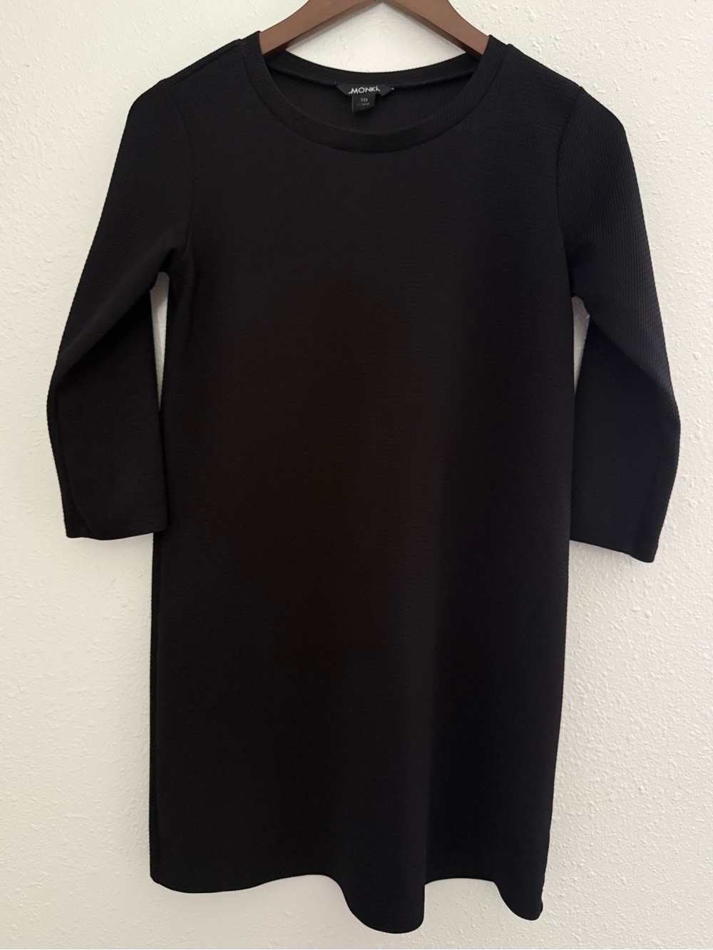 Monki Black Textured Shift Dress 3/4 Sleeve Minimalist XXS